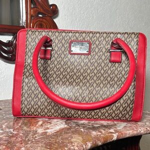 Nine West Brown Monogram Satchel with Red Trim